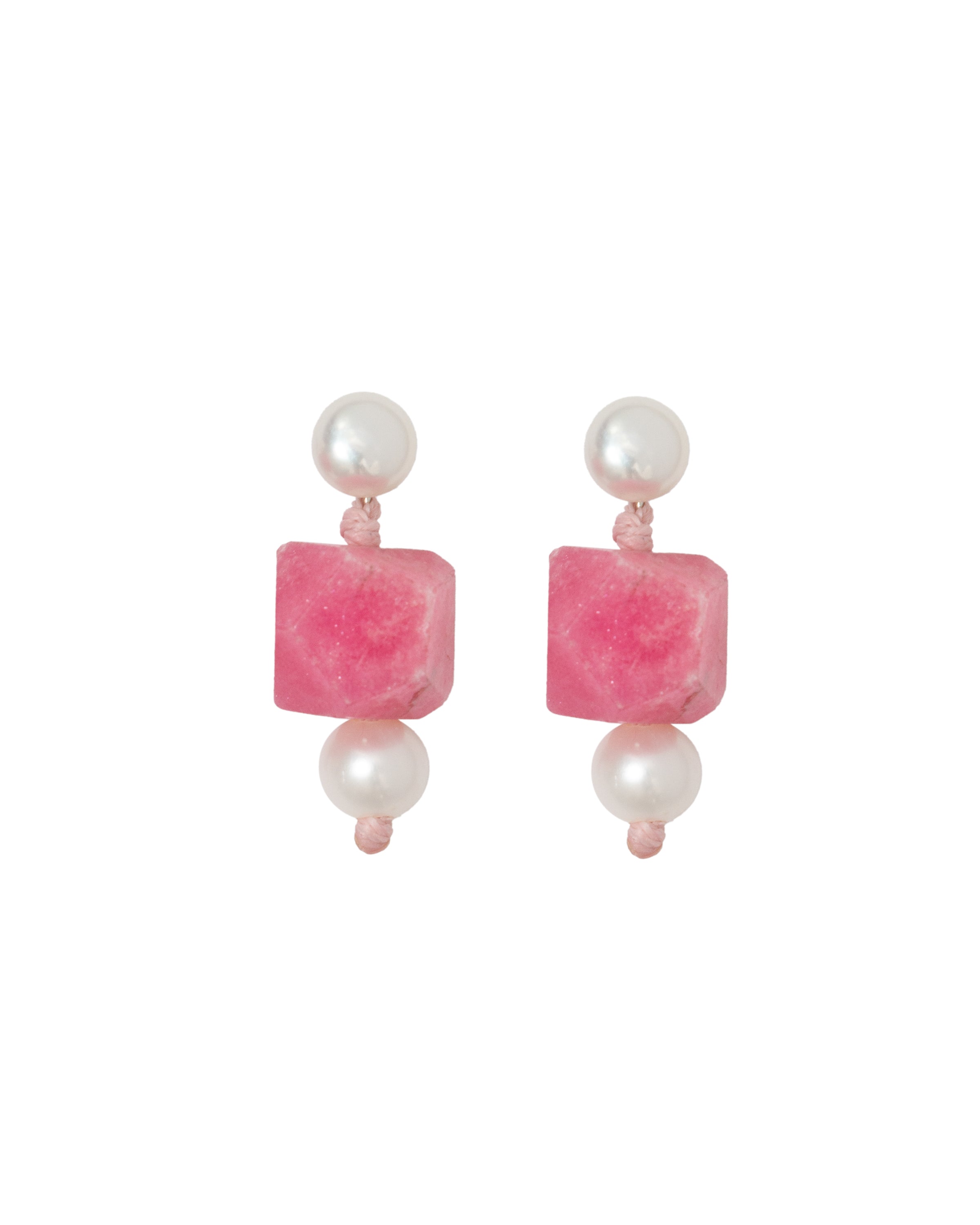 A pair of pink jade stone earrings with freshwater pearl studs.