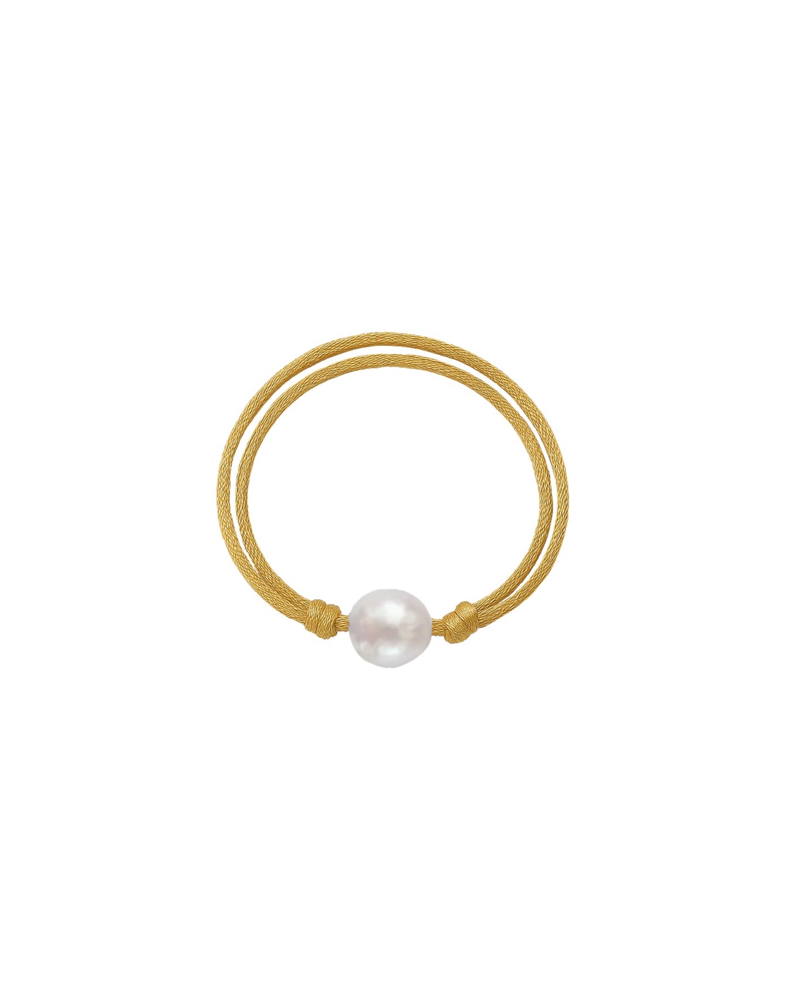 Gold bracelet with a single pearl on a white background