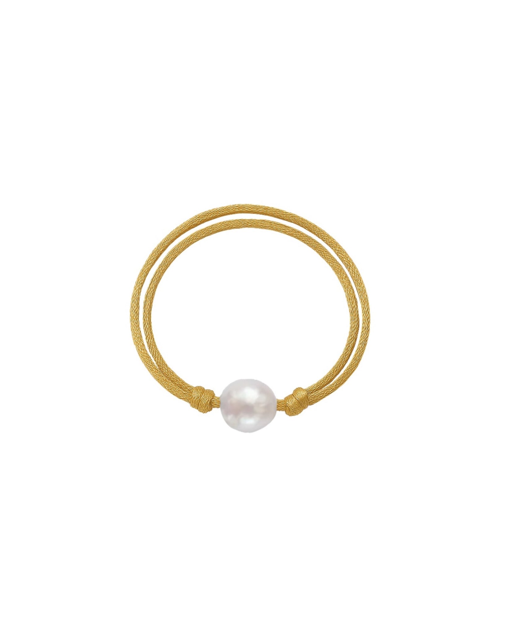 Gold bracelet with a single pearl on a white background