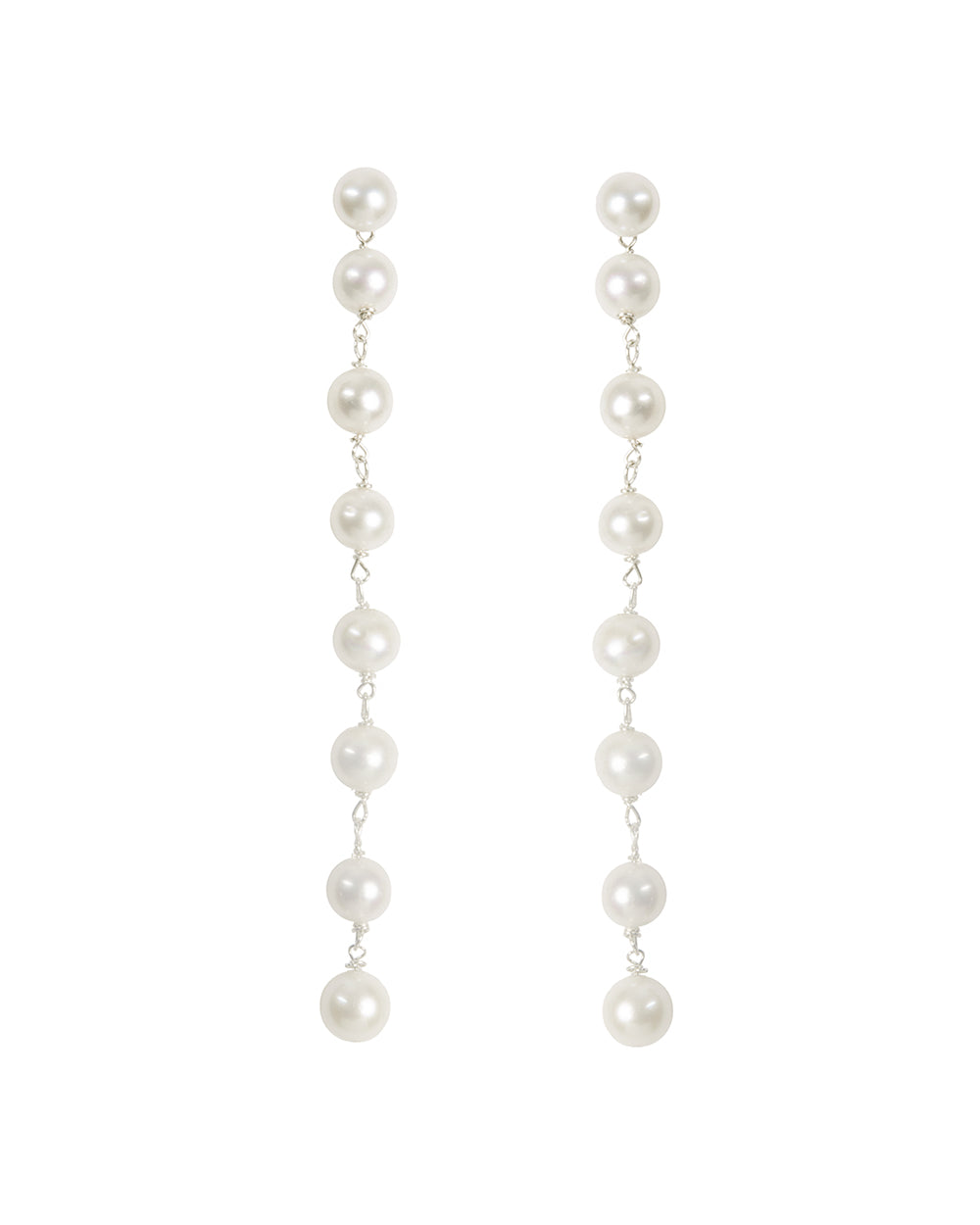 A pair of unique long earrings featuring freshwater pearls strung together with silver wires.