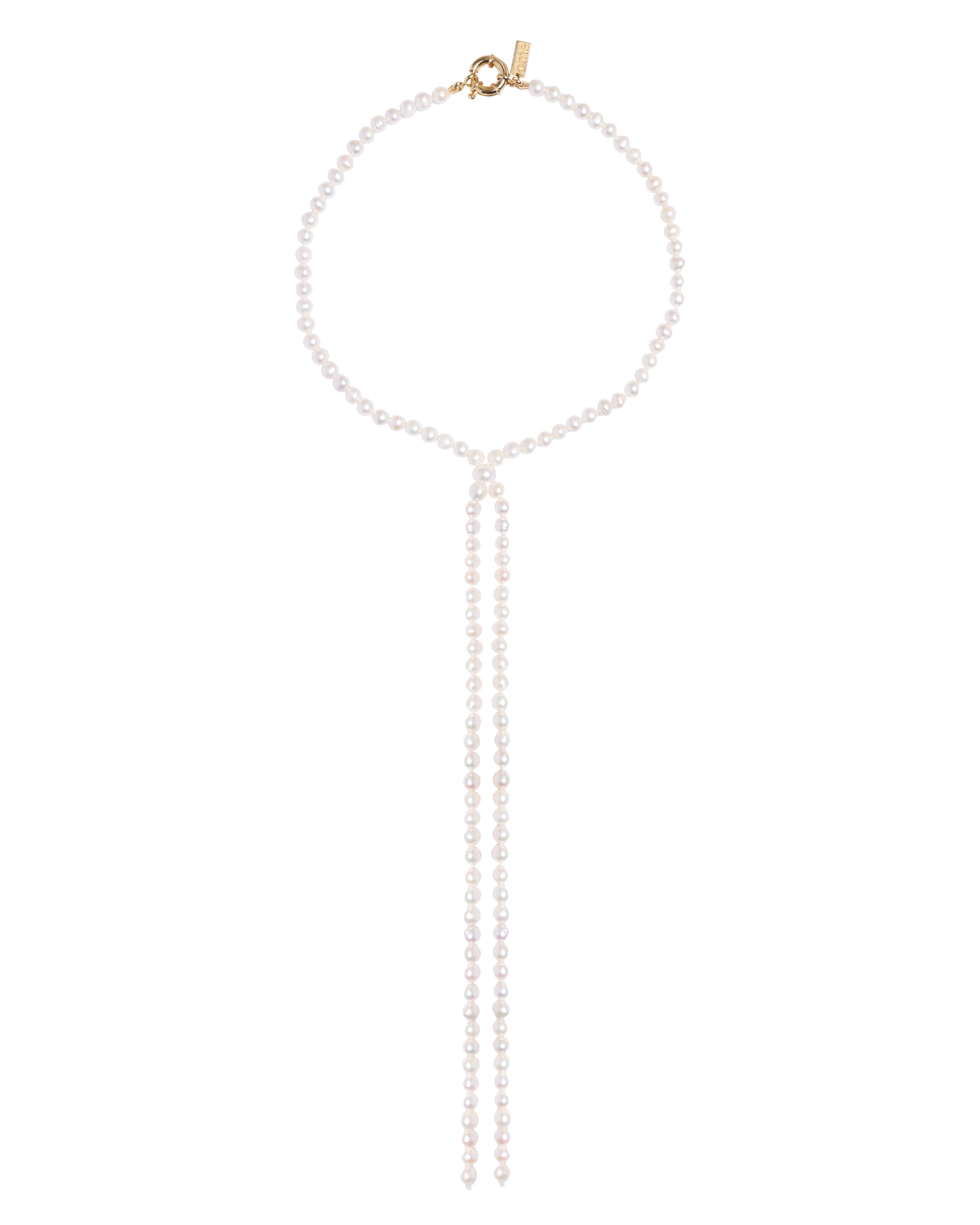A classic freshwater pearl necklace with a contemporary design, featuring two strands that connect in a tie-like fashion.
