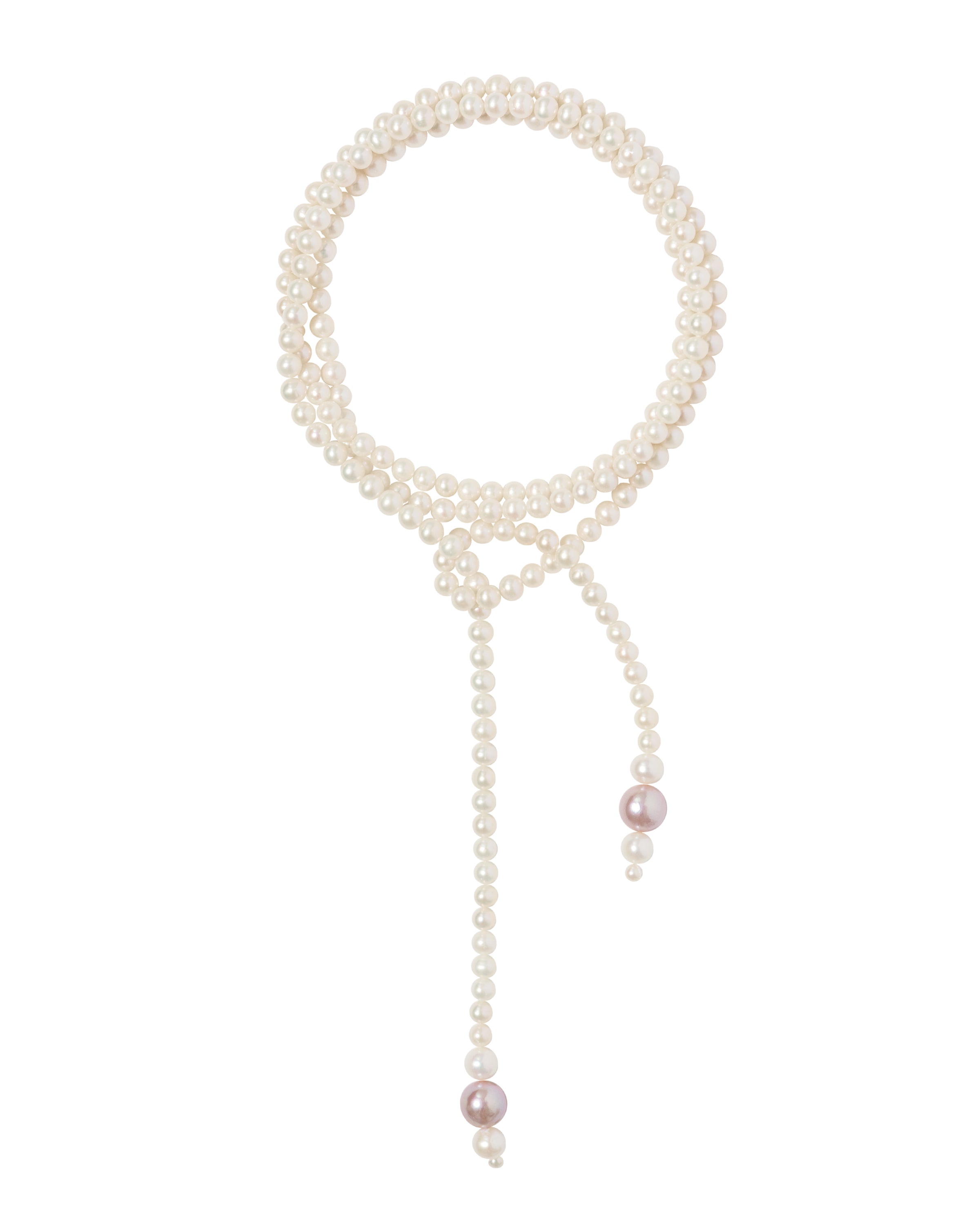 A classic wrap necklace featuring lustrous freshwater pearls with a pink-hued pearl, shown against a white background.