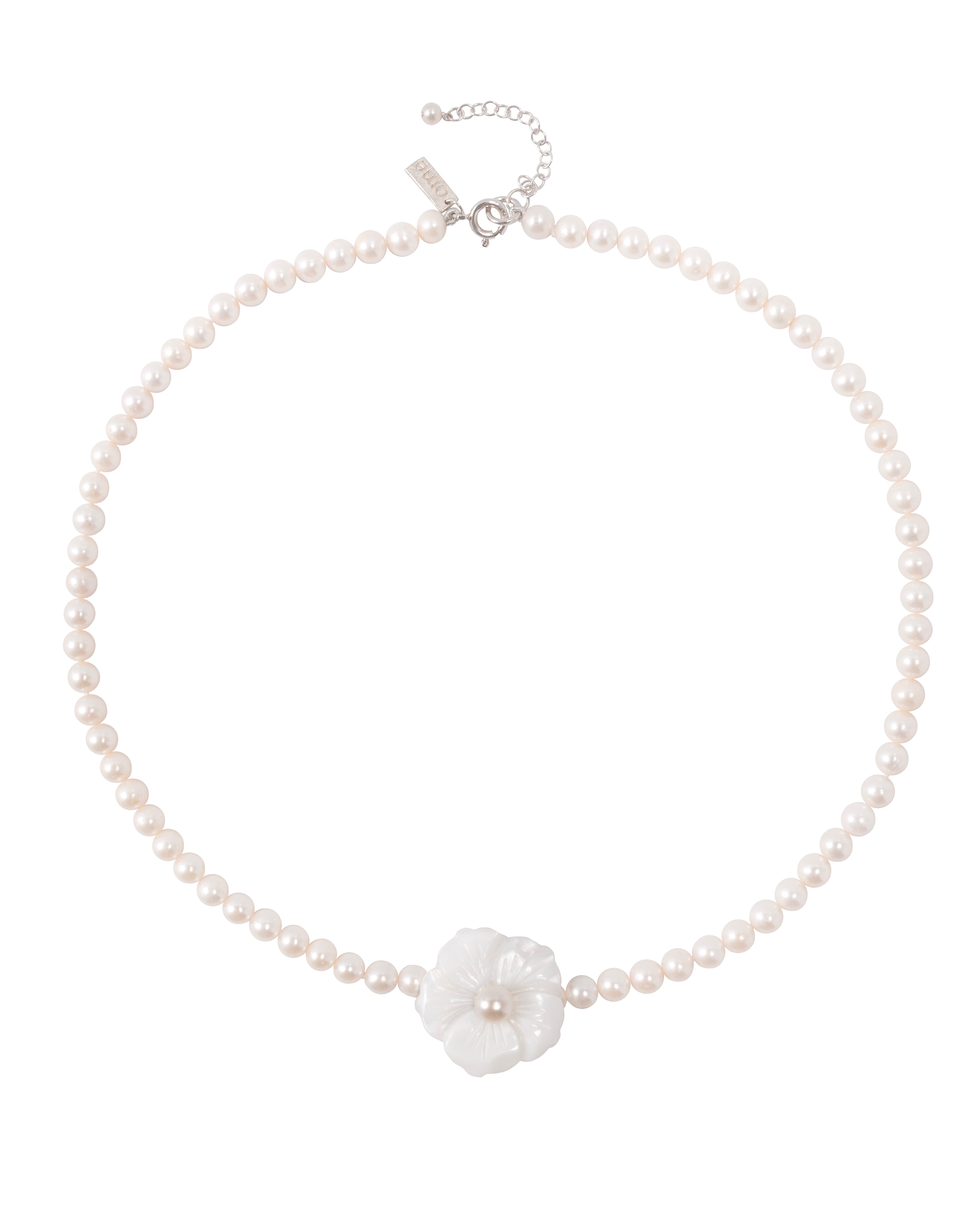 A choker necklace featuring small round freshwater pearls with a large Mother of Pearl flower in the center.