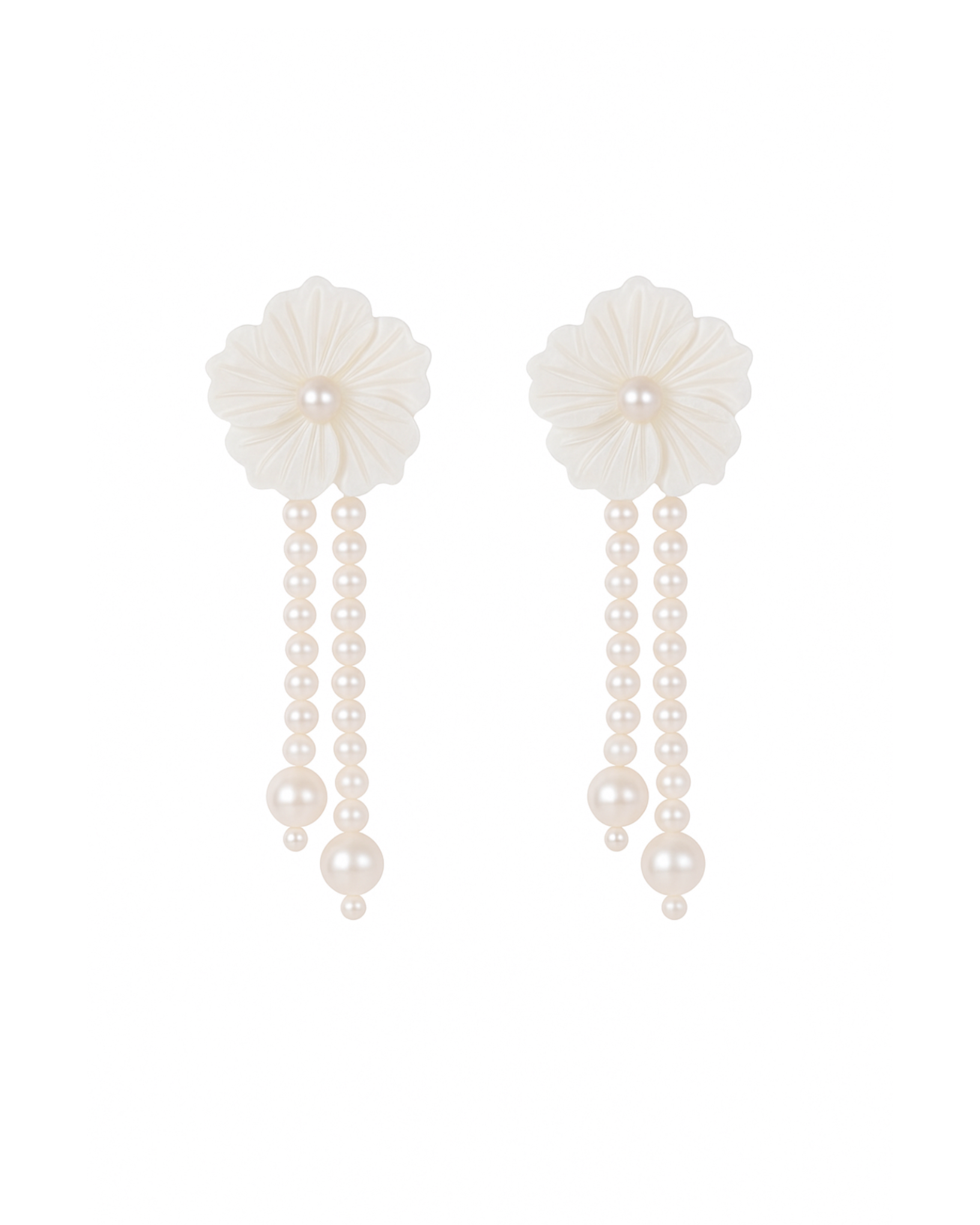 Pair of white floral earrings with pearl strands on a white background. Handmade Flower Earrings