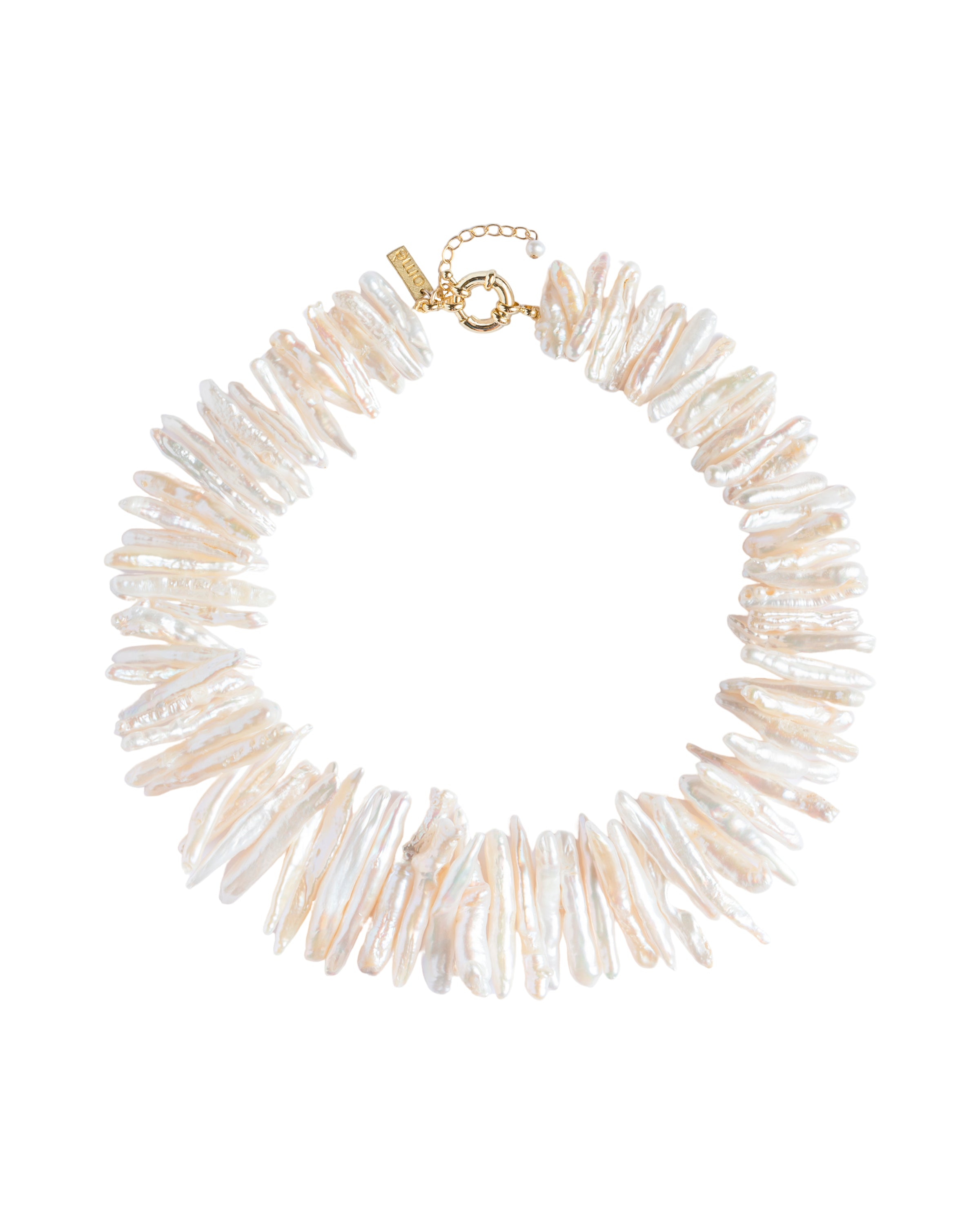 A silver-colored necklace with long, stick-shaped freshwater pearls and a gold-plated closure.
