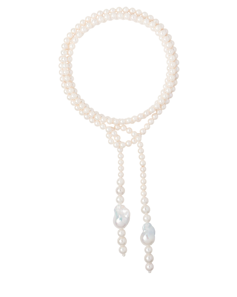 A long strand of white freshwater pearls with a baroque pearl at each end, designed as a wrap necklace.