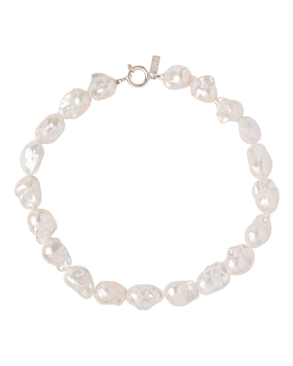 A sterling silver necklace featuring large, lustrous baroque freshwater pearls with a closure at the end.