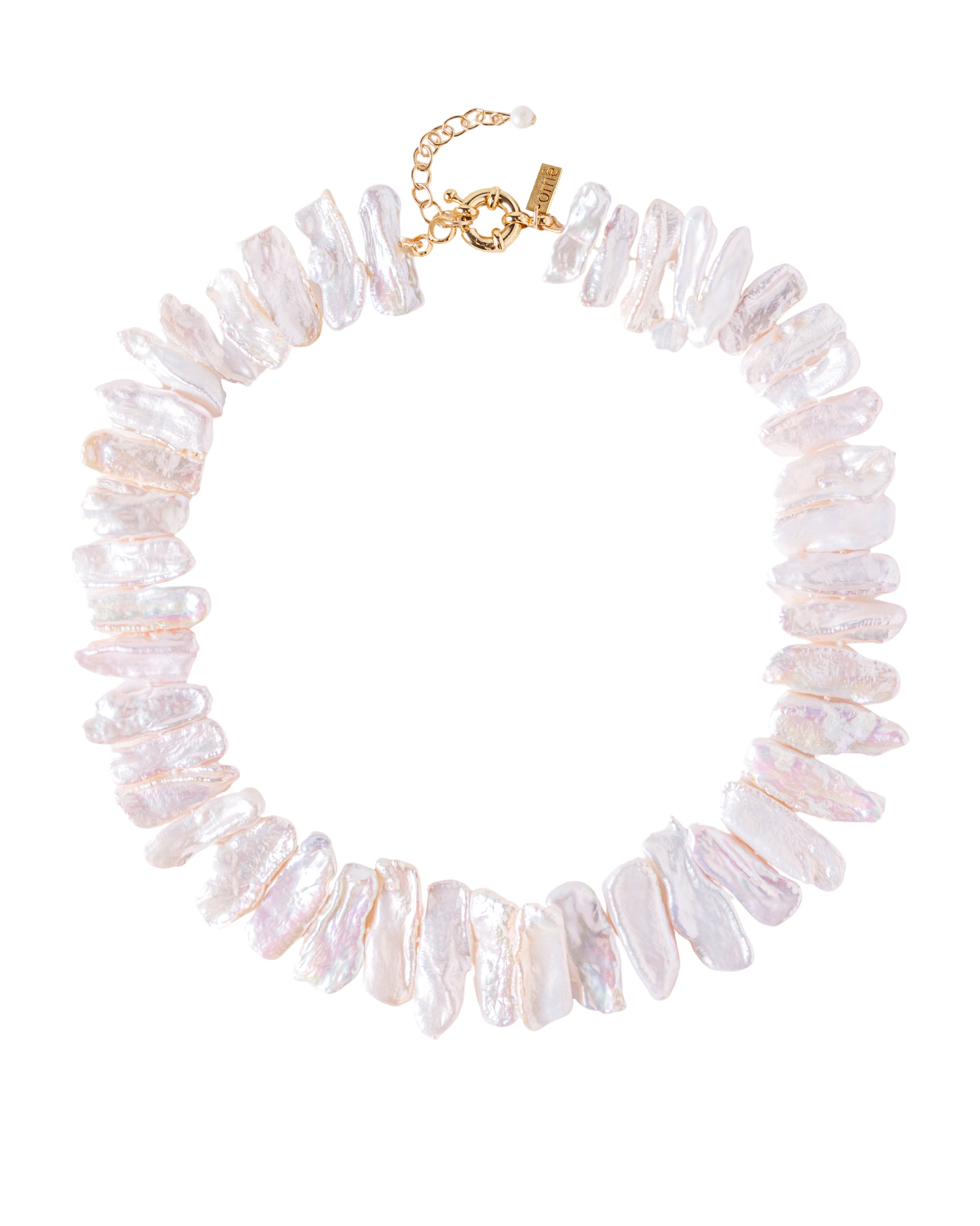 A freshwater pearl necklace with a delicate pink hue and a gold-tone clasp.
