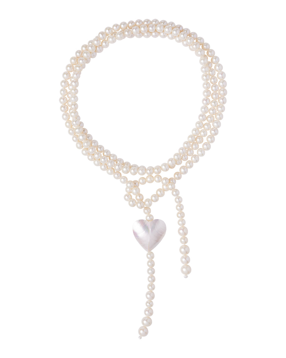 A white pearl necklace with a shell heart pendant.