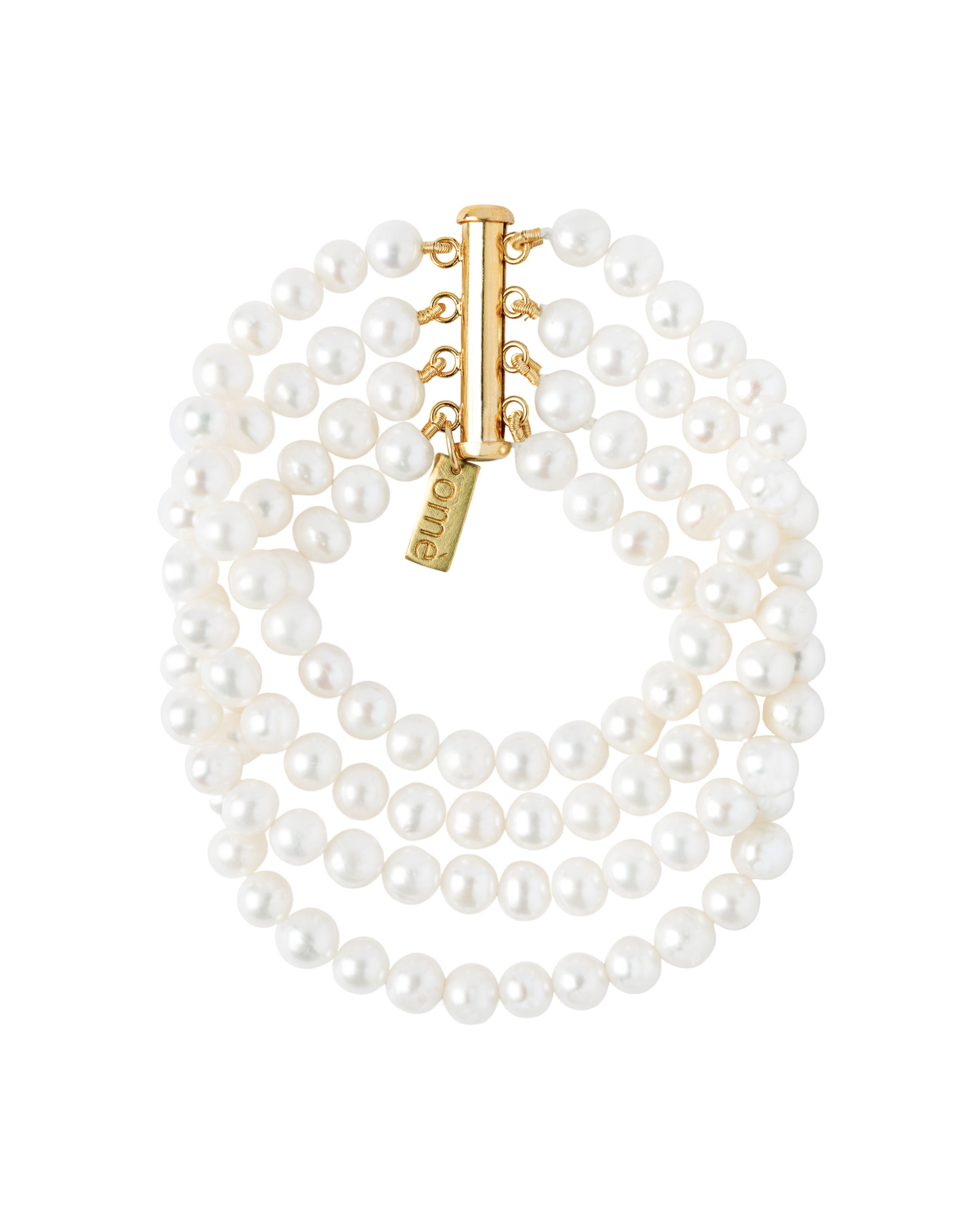 A bracelet featuring multiple strands of white freshwater pearls with a gold-filled layered closure.